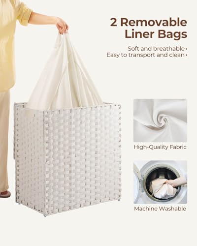 Greenstell Laundry Hamper with lid, No Install Needed, 110L Wicker Laundry Baskets Foldable 2 Removable Liner Bags, 2 Section Clothes Hamper Handwoven Rattan Laundry Basket with Handles, White - color: White, size: 110L (22.2x13.3x24.0 Inches)