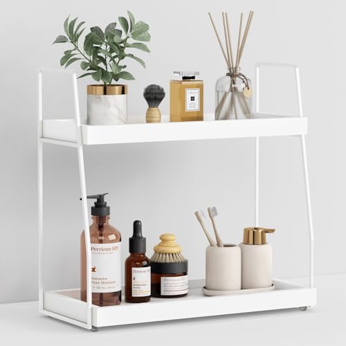 Forbena White 2 Tier Bathroom Organizer Countertop, Small Counter Top Organizer for Bathroom Decor, Modern Kitchen Counter Shelf for Snack, Vanity Makeup Organizers and Storage Tray for Bedroom - color: White-white