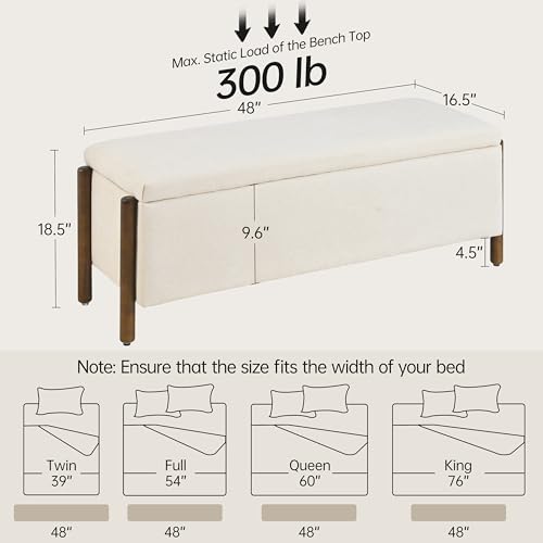 Usaint Wooden Storage Ottoman Bench, 47" Fabric Upholstered End of Storage Bench with Rubberwood Legs, Entryway Bench with Storage for Bedroom, Living Room, Reception, Cloakroom, Beige - color: Beige