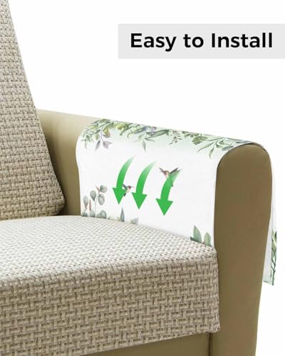 Sofa Armrest Organizer Bedside Caddy, Green Botanical Non Slip Couch Remote Control Holder for Recliner, Watercolor Green Eucalyptus Leaves Birds Arm Chair Caddy with Pocket, 19.7"x35" - size: 19.7x35 in
