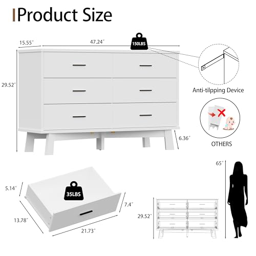 Xixini Dresser for Bedroom, 6 Drawer Wide Modern Chest of Drawers with X-Shaped Sturdy Base, Wood Double Dresser Closet Clothes Storage Organizer, Wooden TV Stand for Living Room, Hallway, White - color: White, size: 15.6"D x 47.2"W x 29.5"H (6 Drawers)