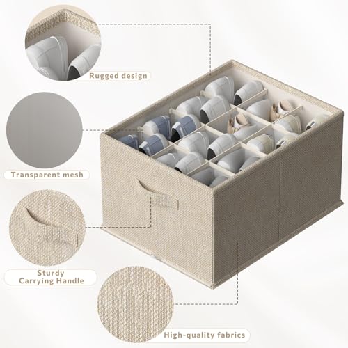 FHSQX 4 Pack Shoe Organizer for Closet,Foldable Shoe Organizer,Fits up to 48 Pairs,Storage Containers With Bottom Support for Shoes (Beige, (16.5 * 12.6 * 9.5) x4) - color: Beige