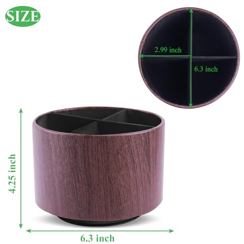 Round Leather Art Supply Organizer,Remote Control Holder,360 Degree Spinning,Multi-Functional Pencil Holder,4 Compartments Desktop Stationary Organizer(1-Thin Wood Dark Brown) - color: 1-Thin Wood Dark Brown