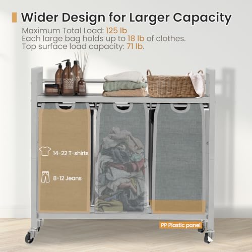 SwaaVee Laundry Hamper, Laundry Basket, Laundry Sorter with 3 Removable Bags, Clothes Basket with 3 Compartments, Wheels, Shelf for Laundry Room Bathroom Bedroom (3 Bags-Gray) - color: 3 Bags-Gray