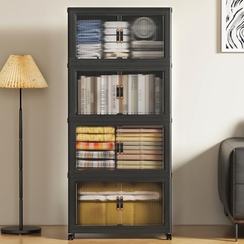 SAILUN 260Qt Stackable Storage Bins Folding Collapsible Storage Bins with Lid, Closet Organizers and Storage Box with Door Black 22" W x 13" D x 50" H - color: Black, size: 1 Lid 4 Pack-22" W x 13" D x 50" H