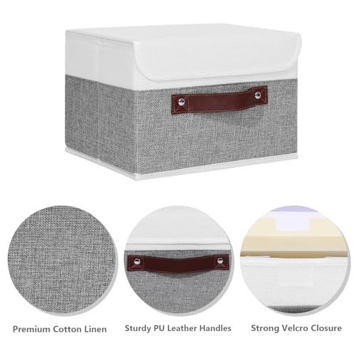 ANMINY 2PCS Storage Boxes with Lid Washable Decorative Storage Bins Basket with PU Leather Handle Foldable Linen Fabric Storage Cubes Containers for Home Closet Organizer - Gray White, Small Size - color: Gray White, size: Small (Pack of 2)