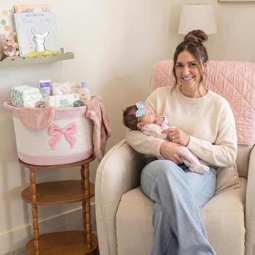 Baby Laundry Basket for Nursery, Baby Storage Baskets, Soft Foldable Cotton Rope Bin with Cute Embroidered Designs for Home Toys Organizer - color: Bow