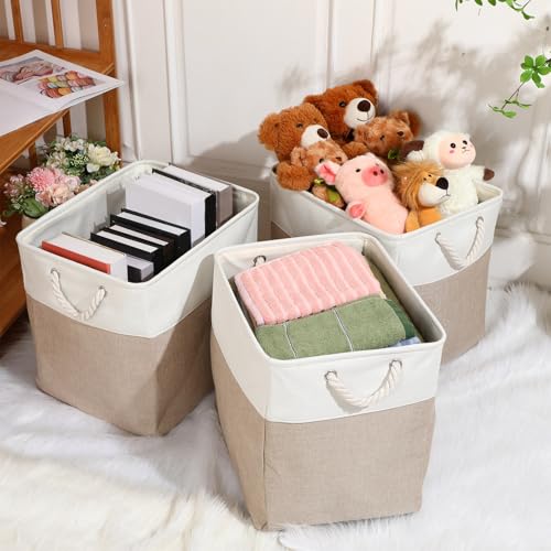 meekoo 8 Pack Collapsible Storage Bins Fabric Storage Bins Polyester Fabric Baskets with Handles Linen Closet Organizer for Shelf Home Closet Towels Toys(17 x 12 x 15 in,Beige) - color: Beige, size: 17 x 12 x 15 In
