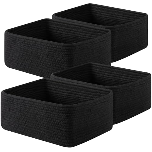 OIAHOMY 4 Pack 14.17 * 11.02 * 6.3IN Storage Baskets for Organizing Shelves, Woven Rope Baskets for Organizing Books, Clothes, Decorative Basket for Living Room, Nursery, Bedroom, Gift Basket, Black - color: Black