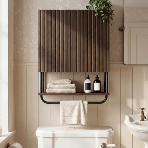 Farmhouse Fluted Bathroom Wall Cabinet,3-Tier Curved Profile Wooden Medicine Cabinet with 2 Doors,Over the Toilet Storage Cabinet Walnut Wall Mounted with Adjustable Shelf and Towel Bar - color: Dark Walnut, size: Small