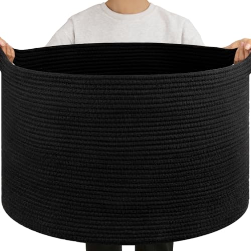 OIAHOMY 105L Blanket Basket for Living Room, Large Basket 23.6" x 23.6" x 14.6" with Handle, Laundry Hamper for Blankets, Pillows, Toy Storage for Kids, Dogs - Black - color: Black, size: 23.6" x 23.6" x 14.6"