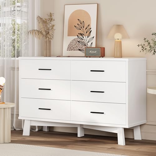 Xixini Dresser for Bedroom, 6 Drawer Wide Modern Chest of Drawers with X-Shaped Sturdy Base, Wood Double Dresser Closet Clothes Storage Organizer, Wooden TV Stand for Living Room, Hallway, White - color: White, size: 15.6"D x 47.2"W x 29.5"H (6 Drawers)