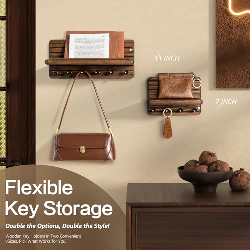 Rebee Vision Small Farmhouse Key Holder Wall Mount for Home Decor – Mini 7-inch Wooden Key Holder for Wall with 4 Hooks & Floating Shelf - Apartment Essentials for a Tidy & Trendy House (Brown) - color: Brown, size: Small-7inch