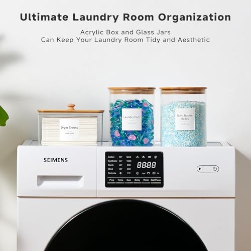Glass Laundry Pods Container & Acrylic Dryer Sheet Holder with Bamboo Lids, Scoops & Labels | Premium Laundry Room Organization and Storage for Detergent Pods, Powder, Dryer Balls & Beads - color: Bamboo Cap