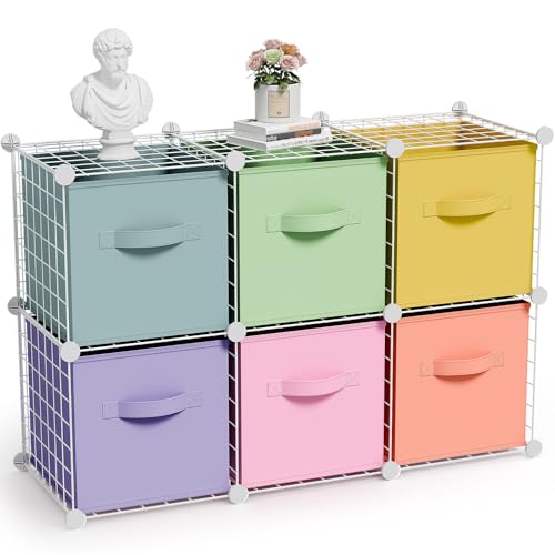 Leinuosen 6 Cube Storage Organizer with 6 Foldable Fabric Storage Bins, Metal Wire Grid Shelves, Stackable Modular Closet Organizer for Bedroom Living Room Office Toys Books(White,Fresh Color) - color: White,Fresh Color