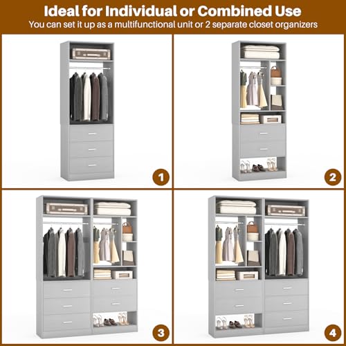 Besiost 4FT Closet Systems with 5 Wood Drawers, 48 Inch Closet Organizer System with 2 Hanging Rods & 7 Shelves, Heavy Duty 48" Walk-in Closet, Grey (48"L x 15" W x 80" H) - color: Grey