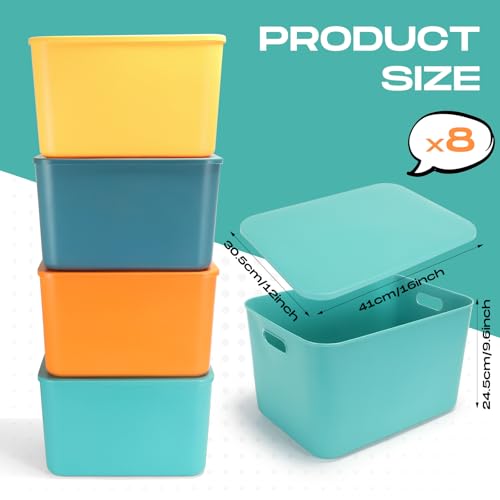 Hoolerry 8 Pieces Colorful Storage Bins with Lid, Plastic Storage Basket Organizing Container Stackable Box with Handle for Shelves Desktop Playroom Office(16.1 x 12.0 x 9.7 Inch,Multi-colored) - color: Multi-colored, size: 16.1 x 12.0 x 9.7 Inch
