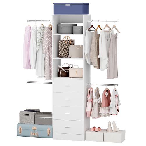 Closet System, Closet Organizer System With 4 Wood Drawers, Walk-In Closet Storage System With 4 Hanging Rods, Adjustable Cloth Garment Rack, Fits Spaces 3 to 5FT, White - color: 4 drawer 3 shelve, size: 1 PC