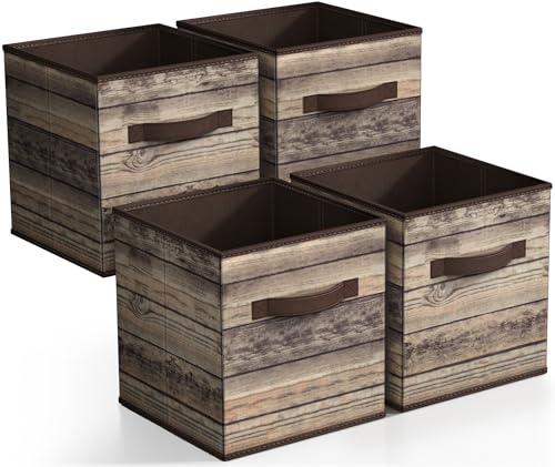 Sorbus Foldable Storage Cube Basket Bin, Rustic Wood Grain Print, 4-Pack (Rustic Bin - Brown) - color: Rustic Brown