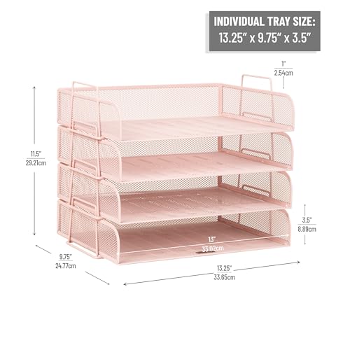 Mind Reader Stackable Paper Tray, Desktop Organizer, File Storage, Office, Metal Mesh, 4 Pcs., Pink - color: Pink, size: 13.3" x 9.8" x 11.3"