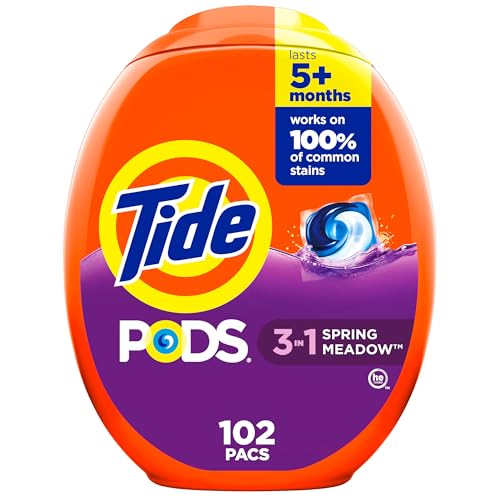 Tide PODS laundry detergent pacs, 3-in-1 Stain Remover, Odor Fighter, Color Protector, 102 Count, HE compatible, Spring Meadow Scent - size: 102 Count (Pack of 1)