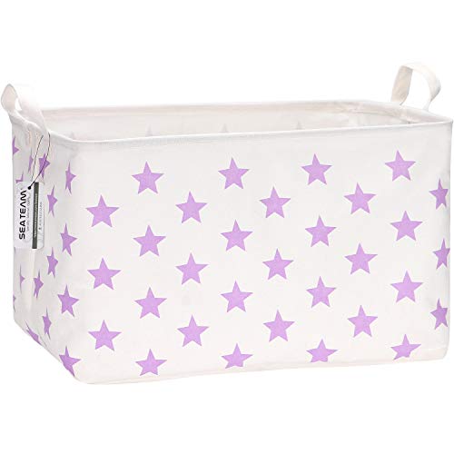 Sea Team Collapsible Canvas Fabric Storage Basket with Handles, Rectangle Waterproof Storage Bin, Box, Cube, Foldable Shelf Basket, Closet Organizer, 16.5 x 11.8 x 9.8 Inches, Purple Star - color: Star/Purple, size: 16.5 Inch (Pack of 1)