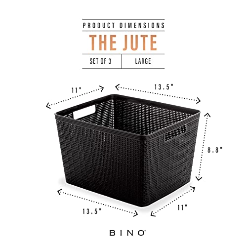 BINO | Woven Plastic Basket | Large (Black), 3-Pack | THE JUTE COLLECTION | Home Organization, Space - Saving Storage, Stylish Design | Jute Basket | Plastic Storage Basket - color: Black, size: 3PK- L