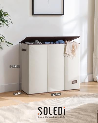 SOLEDI 180L Laundry Hamper 3 Section, Extra Large Laundry Hamper with Lid, Dirty Clothes Hamper with Sturdy Handle, Large Laundry Basket Organizer for Laundry Room, Bedroom, Hampers for Laundry - color: Off-white, size: 180L