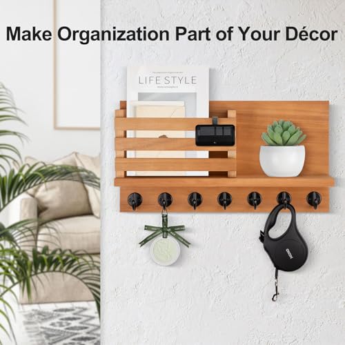 Lwenki Key Holder for Wall – Decorative Wooden Mail Holder and Key Shelf with Mounting Hardware, Installation Guide – Paulownia Wood with Metal Key Hooks (Light Brown, Extra Large - 15.6inch) - color: Light Brown, size: Extra Large - 15.6inch