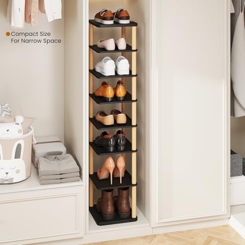 LUCKNOCK Vertical Shoe Rack, 8-Tier Tall Narrow Shoe Organizer for Entryway, Closet, Dorm & Small Spaces, Freestanding Wooden Shoe Shelf Tower for Boots, Sneakers, Heels. (Black) - color: Black