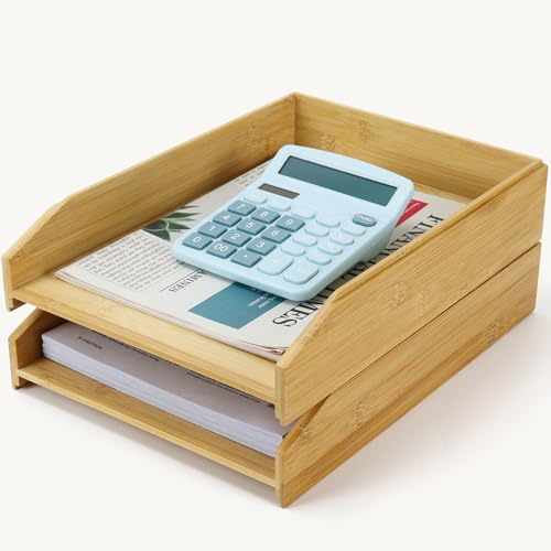 MultiBey A4 Bamboo Stackable Paper Tray 2-Pack, 2-Tier Anti-Toppling Desk Organizer, Wooden Letter Document Magazine Tray Desktop File Folder Holder for Office & Home Supplies