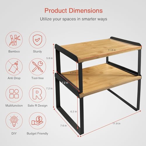 Goozii Kitchen Cabinet Organizer Shelf Set of 4, Pantry Organizers and Storage Shelves for Plates Dishes Cups Mugs, Cupboard Counter Cabinet Shelf Riser for Countertop (Bamboo Wood and Black Metal) - color: Black-bamboo, size: Medium