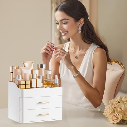 HBlife Makeup Organizer for Vanity with 2 Drawers, Large Bathroom Countertop Cosmetics Organizer Skin Care Storage, Easy to Store Lipsticks, Nail Polishes, Perfumes, Eyeshadow Palettes, All White - color: All White
