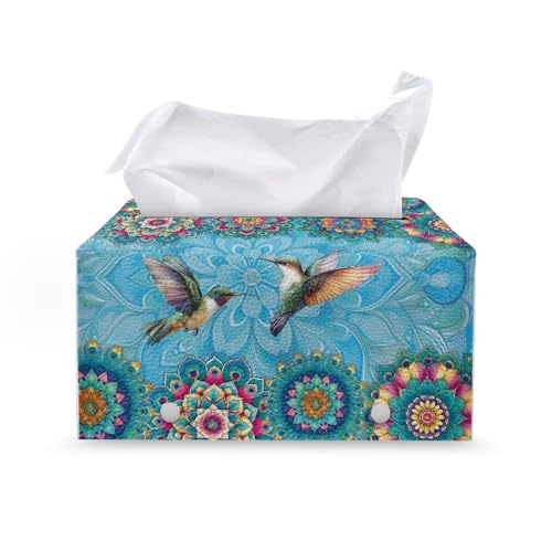 Tissue Box Cover, Modern PU Leather Tissue Box Tissues Cover Sturdy & Portable Tissues Holder for Night Stands Bedroom Decor Home Decor Items Hummingbirds - color: Blue Hummingbirds