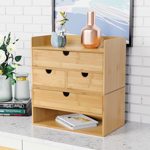 Wisuce Bamboo Desk Drawer Organizer, Desktop Organizer with Drawers Tabletop Storage Organization Box for Office Home Toiletries Supplies Vanity, No Assembly Required(2 Drawers) - style: 2 Drawers