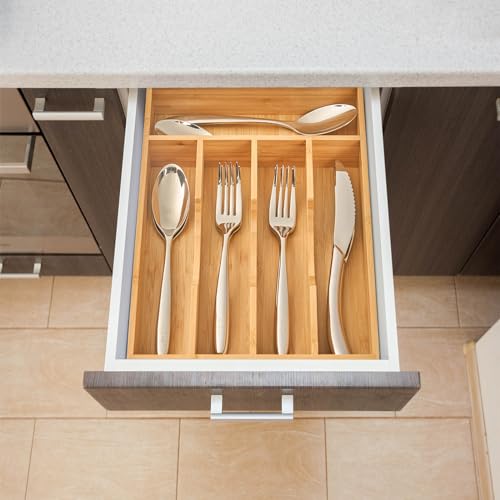 Umilife Bamboo Kitchen Drawer Organizer, 8.25 Inch Silverware Utensils Tray Holder for Small Drawer, Wood Caddy for Flatware Cutlery Knives - size: 8.25 x 13 inch (5 Slots)