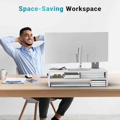 BONTEC Wood Monitor Stand Riser, 2-Tier Desktop Organizer with Storage, Ergonomic Computer Stand for Desk, Cable Management, Cellphone Holder, 21.3 Inch Shelf, White - color: White, size: 21.3inch