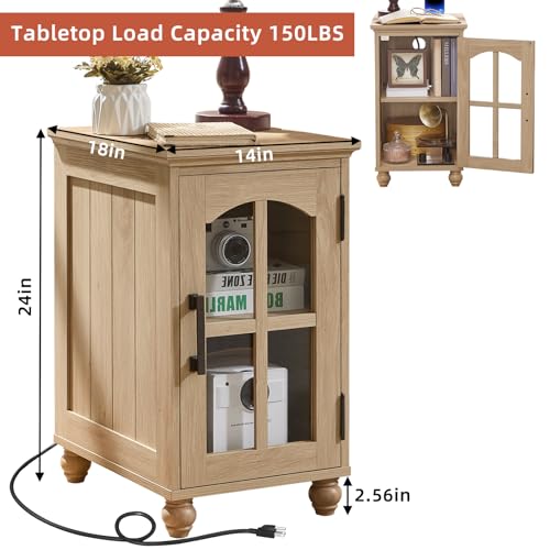 Narrow Side Table Set of 2,Farmhouse Nightstand with Charging Station,End Table with Glass Barn Door Storage, Cabinet Organizer with Adjustable Shelf, Night Stand for Small Spaces Living Room Bedroom - color: Natural Wood, size: Set 2