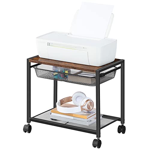 HOOBRO Under Desk Printer Stand, Industrial Printer Cart with Storage Shelf, 2-Tier Mobile Printer Table on Wheels, Heavy Duty Machine Storage Rack for Office and Home Rustic Brown + Black BF12PS01