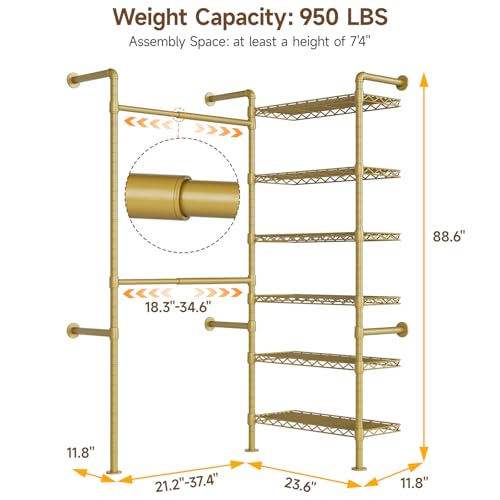 L2 Wall Mounted Closet System, Industrial Pipe Clothing Rack Clothes Racks with 2 Telescopic Rod & 6 Shelves, Heavy Duty Closet Organizers System in Wardrobe Closet, Gold - color: Gold