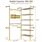 L2 Wall Mounted Closet System, Industrial Pipe Clothing Rack Clothes Racks with 2 Telescopic Rod & 6 Shelves, Heavy Duty Closet Organizers System in Wardrobe Closet, Gold - color: Gold