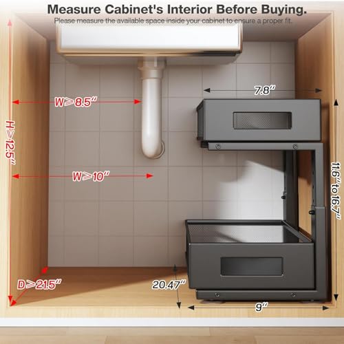 2 Packs 21IN Depth Under Sink Organizer, 2-Tier Pull Out Cabinet Organizer With Smooth Circular Rail, Large Capacity Metal Mesh Sliding Drawers For Bathroom& Kitchen Storage,Height Adjustable-Black - color: Black, size: 2 Pack-21"Dx11.6"-16.7" H