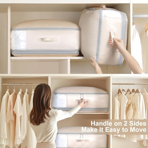DIMJ Comforter Storage Bag - 110L Large Capacity Ultra Space Saving Self Compression Organize for Duvet, Pillow, Bedding, Blanket Storage Organizer Nylon Compression Bags, Sheet Storage - color: Beige, size: 110L x 2 Pack