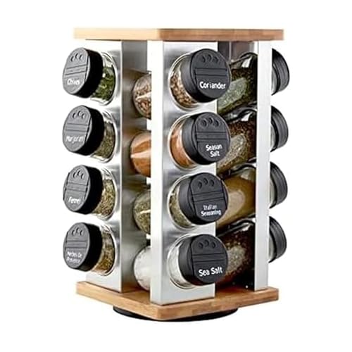 Kamenstein 16 Jar Warner Revolving Countertop Spice Rack Organizer with Lift & Pour Caps and Spices Included, FREE Spice Refills for 5 years, Stainless Steel & Bamboo with Black Caps - size: 16-Jar, style: 16-Jar Bamboo Revolving