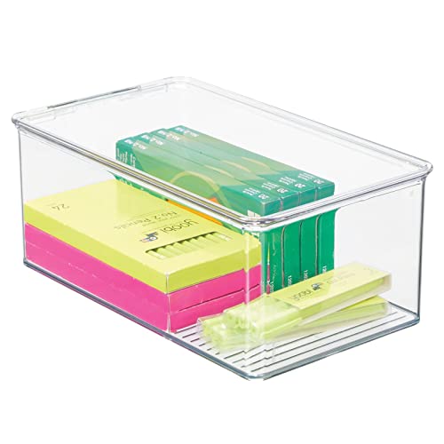 mDesign Plastic Stackable Home Office Storage Organizer Box with Hinge Lid - Holder Container Bin for Note Pads, Gel Pens, Staples, Dry Erase Markers, Tape, Supplies - Lumiere Collection - Clear - size: 12.75 x 7.25 x 5 (Pack of 1)