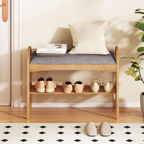 Giantex Shoe Rack Bench, Bamboo 2-Tier Entryway Bench with Padded Cushion, Shoe Storage Bench for Hallway, Closet, Foyer, Living Room, Bedroom, Mudroom - size: 12.5"D x 27.5"W x 20"H（Without Flip-Top Storage）