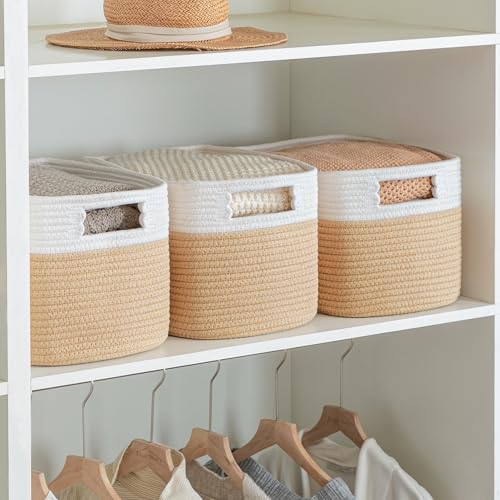 UBBCARE 4 Pack Storage Baskets for Organizing, Shelf Baskets with Handles, Woven Storage Baskets for Bookcase/Cube Shelf/Closet, 14.5"L x 9.8"W x 9"H, White&Brown - color: White&Brown, size: 4 Pack-14.5"(L)×9.8"(W)x9"(H)