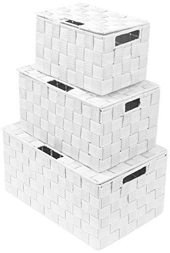 Sorbus Set of 3 Hand-Woven Storage Baskets with Lids – Decorative Wicker Organizers for Home, Closet, or Shelves (White) - color: White