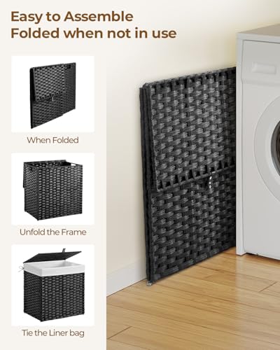 Greenstell Laundry Hamper with Lid, 125L Laundry Basket with 2 Removable Liner Bags & 2 Mesh Bags, Handwoven Synthetic Rattan Clothes Hamper for Clothes, Toys in Bathroom, Bedroom, Foldable, Black - color: Black, size: 125L (25.6 x 13.0 x 23.6 inches)