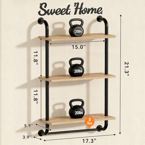 Tinpin Bathroom Shelves Wall Mounted, 3-Tier Rustic Wood Wall Shelf, 17.3 inch Industrial Pipe Floating Shelf for Bathroom,Kitchen,Bedroom,Living Room,Brown - color: Brown, size: 3 tier